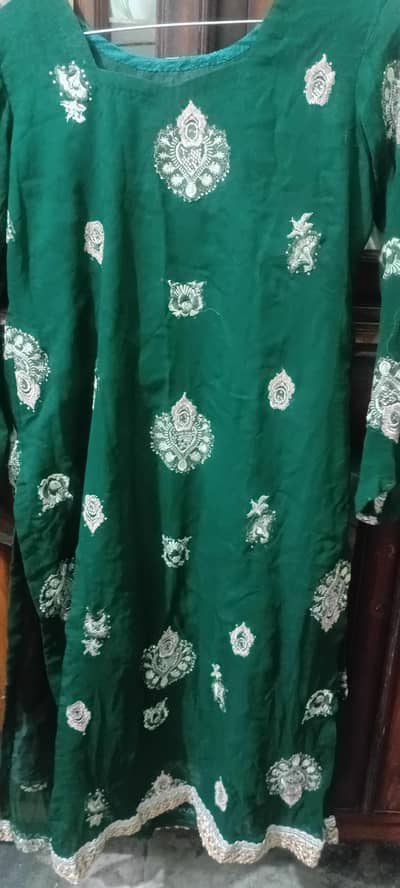 3 piece Stitch chiffon in bottle green colour