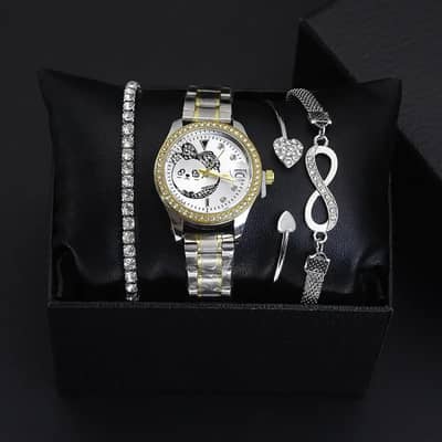 Elegant Silver & Gold Women’s Watch Set with Matching Bracelets
