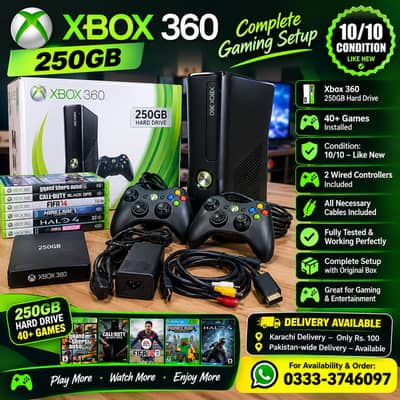 Xbox 360 250GB | 40+ Games | 2 Controllers | 10/10 Like New | Complet