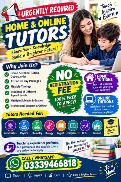 Home and Online tutors required