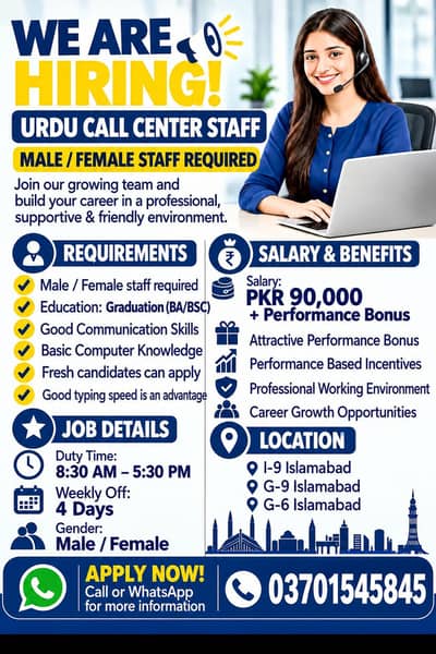 male female staff required for urdu call center