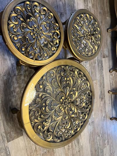 Luxury Gold Carved Round Side Tables – 3 Piece Set