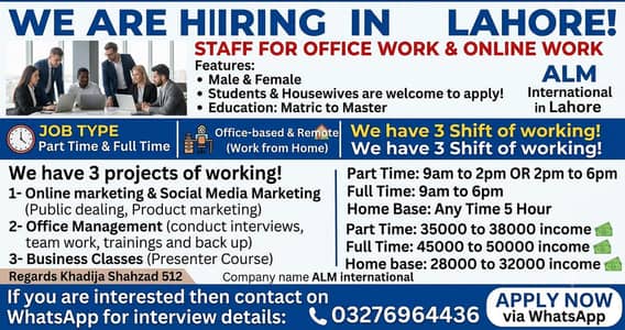 We are hiring male and female for office work and online work