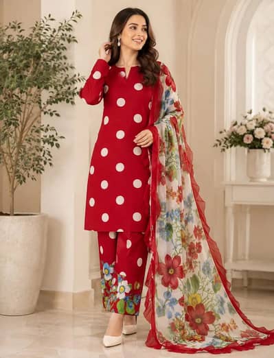 ladies red polka dot 3 psc suite fancy suite with organza duppta new