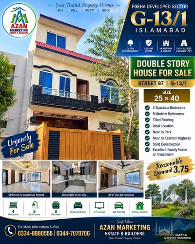 G-13/1 Street 97 Double Story prime locaiton house 25x40 for sale