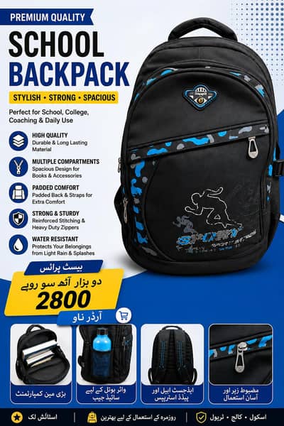 Stylish Black & Blue School/College Backpack – Premium Quality