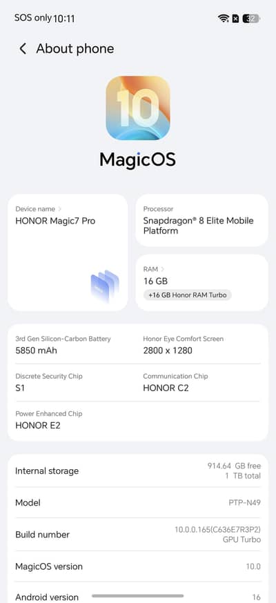 Honor Magic 7 Pro 16GB/1TB (device model was not included in system)