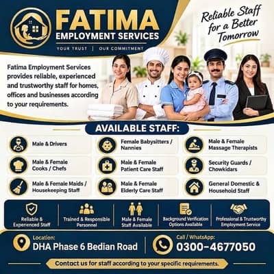 Female Babysitter, Maid, Cook & Patient Care Staff Required – Lahore