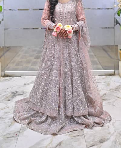 Heavy Embroidered Walima Bridal Dress | Rose Pink & Silver | Once Worn