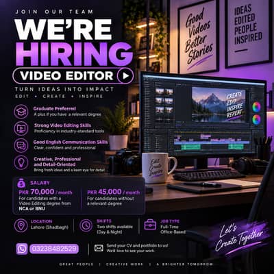 Video Editor Required in Lahore | Salary 45K–70K | Full-Time
