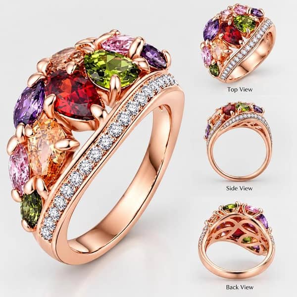 EvaEsh Rose Gold Multi-Color Gemstone Ring with Austrian Crystals – Triple Rose Gold Plated Statement Ring