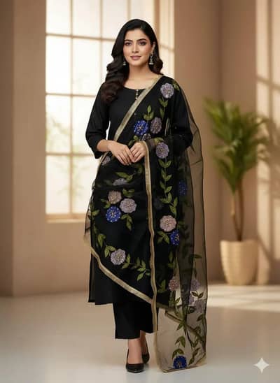 stunning black organza dupatta with hand embroidery and Beed 1PCS