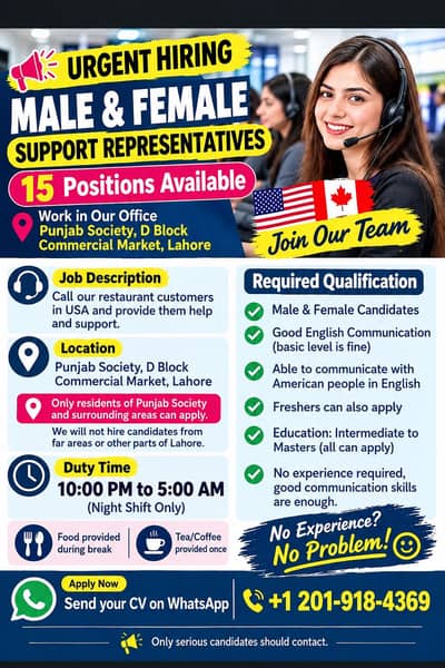 Need female/male representatives for Canada company help support