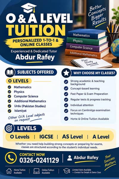 O & A levels online tuition | mathematics, physics, CS , Urdu, isl, PS