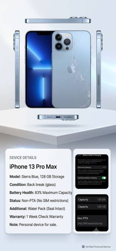 13 pro max 128 GB 83 btry non pta water pack back break
