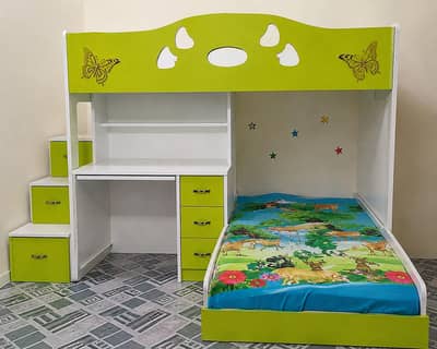 branded kids bed with wardrobe and study table