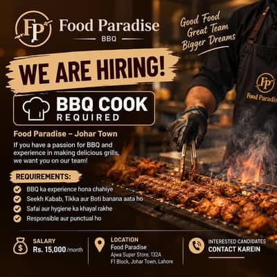 BBQ Cook Required Food Paradise Johar Town