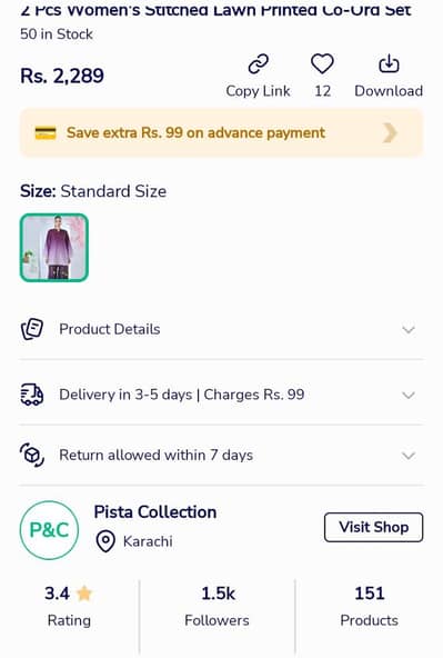 Pcs Women stitched Lawn Printed Co-Ord Set