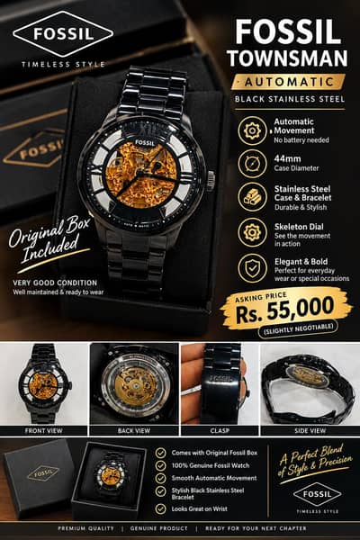 Fossil Townsman 44mm Automatic – Black Stainless Steel