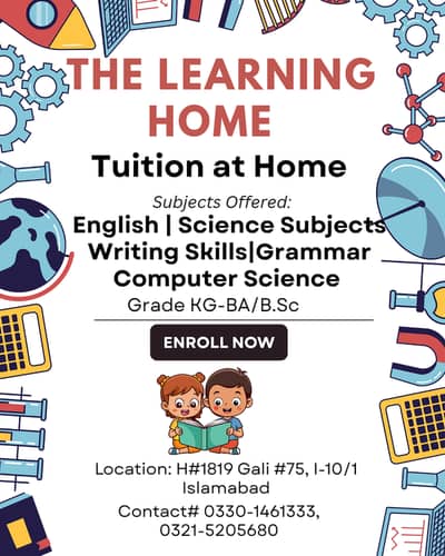 Tuition available at home KG to FA /FSc plus Home schooling