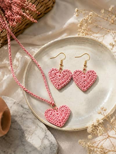 crochet heart earings and andhar