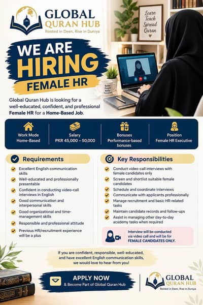 Hiring Female HR Exclusive for Quran academy