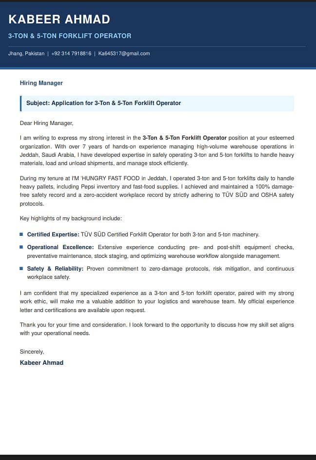 i am forklift operator 7years experience. Saudia 2