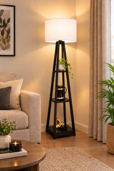 New wooden floor lamp with shelves