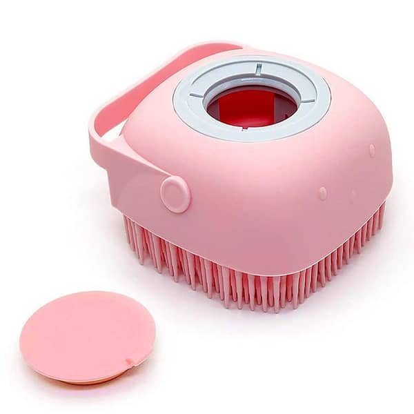 Silicone Bath Body Brush Scrubber with Liquid Soap Gel Shampoo Dispenser| Silicone Grooming Massage Brush| Dry Skin Spa Exfoliating Body Brush| Back Scrubs Bristle Comb Shower Brush| Soft Silicone Sponge Body Scrubber for Adults Kids Babies Pets Cat Dog