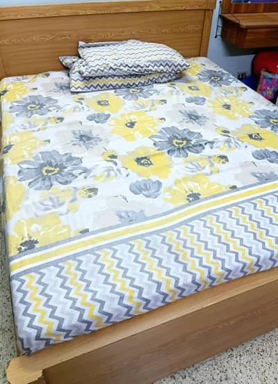 Queen size bed with mattress, two door cupboard, dresser with mirror