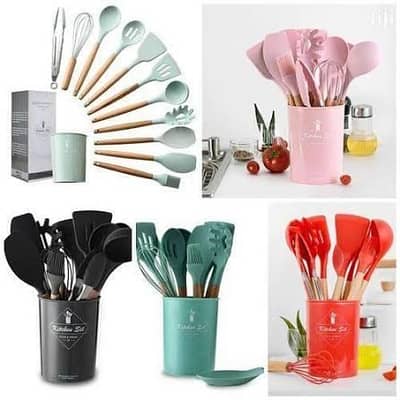 12 piece silicon spoon set uninstall set wooden handle