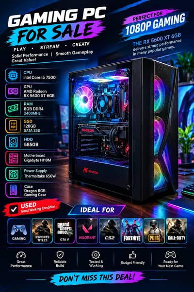 Budget Gaming PC | Core i5 7th Gen | RX 5600 XT 6GB | 8GB RAM | SSD +