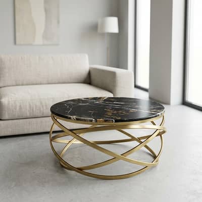 Round Marble Top Coffee Table Gold Ring Base Modern Design Used