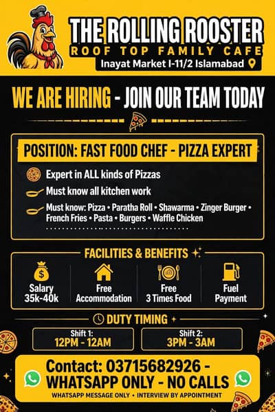 we are looking for expert fast food chef for our cafe .