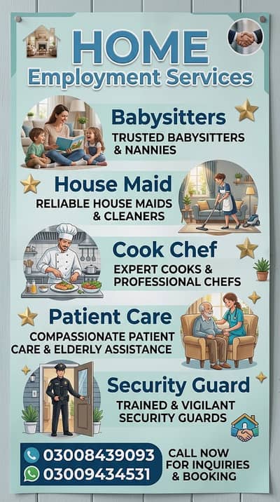 House Maid Babysitter Cook Chef Patient Care Security Guard Services