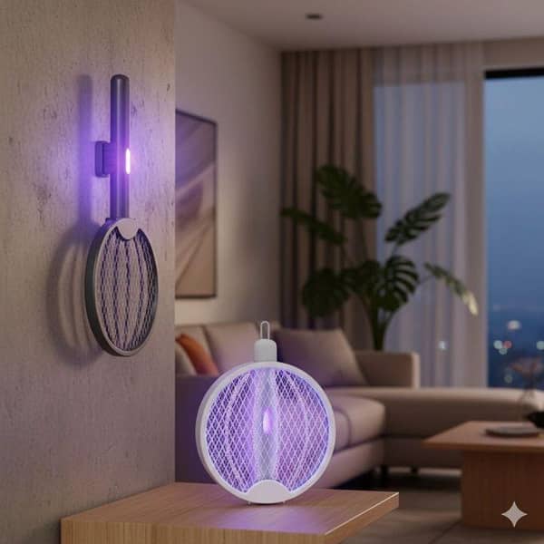 3-in-1 Rechargeable Mosquito Killer Racket | USB Electric Fly Swatter with UV Light Insect Trap & Stand | Portable Bug Zapper for Mosquitoes, Flies & Flying Insects | Handheld Electric Insect Killer Bat for Home, Bedroom, Garden, Camping & Outdoor Use