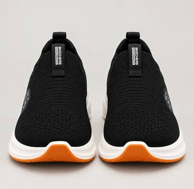 Skechers Max Cushion Slip-On – Black, White & Orange | Stylish & Comfo