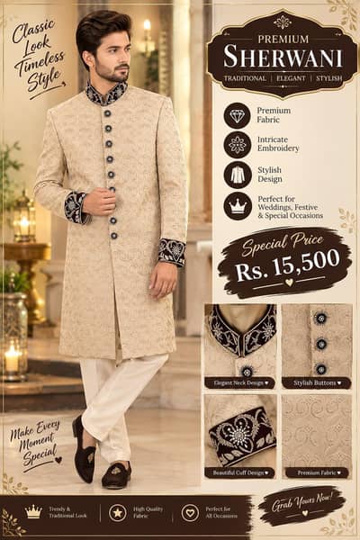 *Premium Cream Sherwani | Elegant Wedding Wear |*