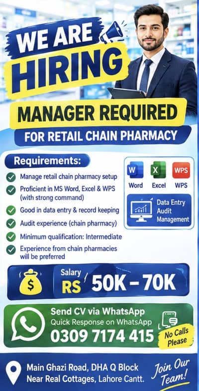 WE ARE HIRING MANIGER FOR CHAIN PHARMACY