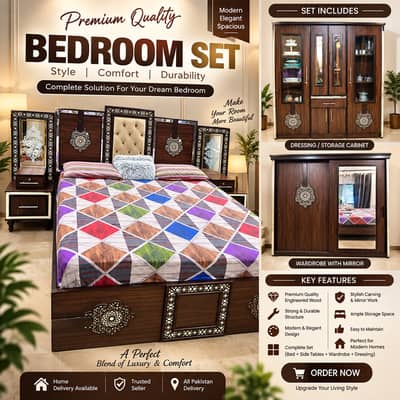 Premium Bedroom Set | Double Bed with Side Tables, Dressing /