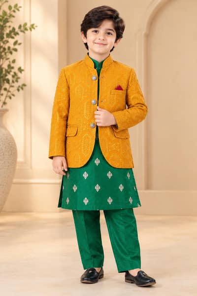 Kids Boys 2-Piece Green Kurta Pajama with Mustard Coat