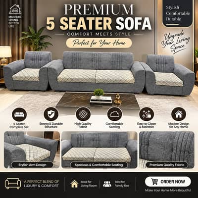 5 Seater Sofa Set | Comfortable & Stylish Fabric Sofa
