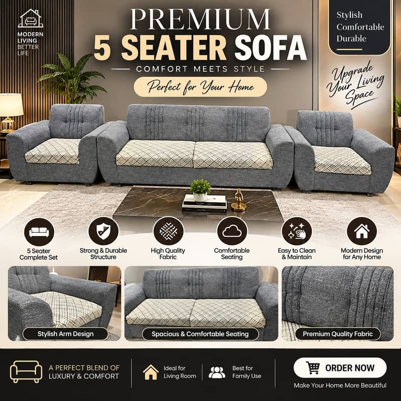 5 Seater Sofa Set | Comfortable & Stylish Fabric Sofa 0
