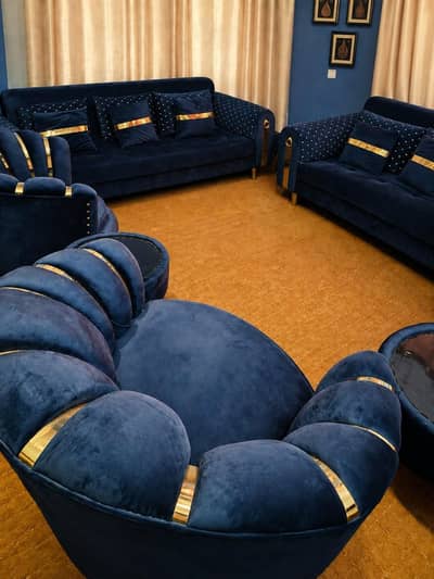 7 seater sofa set & tulip chairs set in Royale Blue