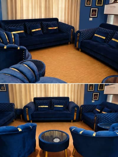 9  seater sofa set & tulip chairs set in Royale Blue