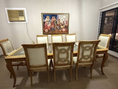 8-Seater Solid Wood Dining Table Set with Glass Top