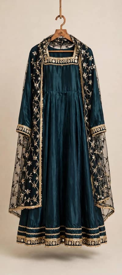 dark black silk maxi 3pc. heavy golden lace work medium size brand new