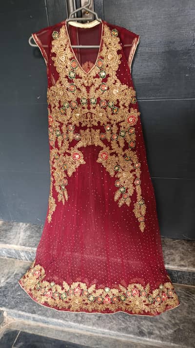 Used Net Embroidery Frock Maroon Color