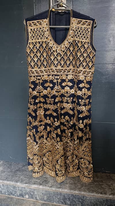 Used Women Chiffon Net Embroidery Short Length Frock Navy Blue Color