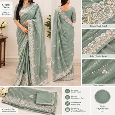 Elegant Sage Green Embroidered Saree